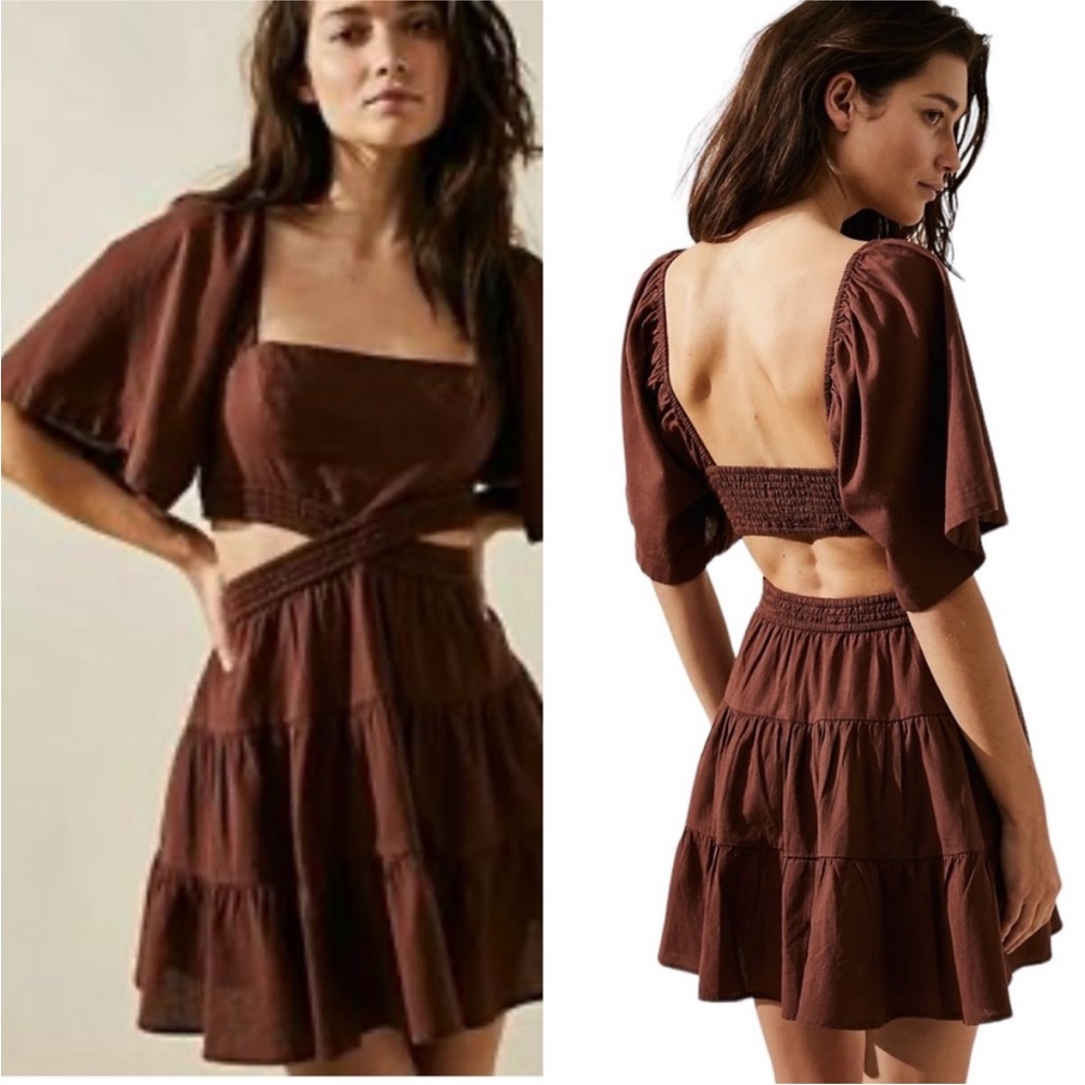 Free People Brown Cutout Tiered Mini‎ Dress Square Neck Flutter Sleeve Smocked